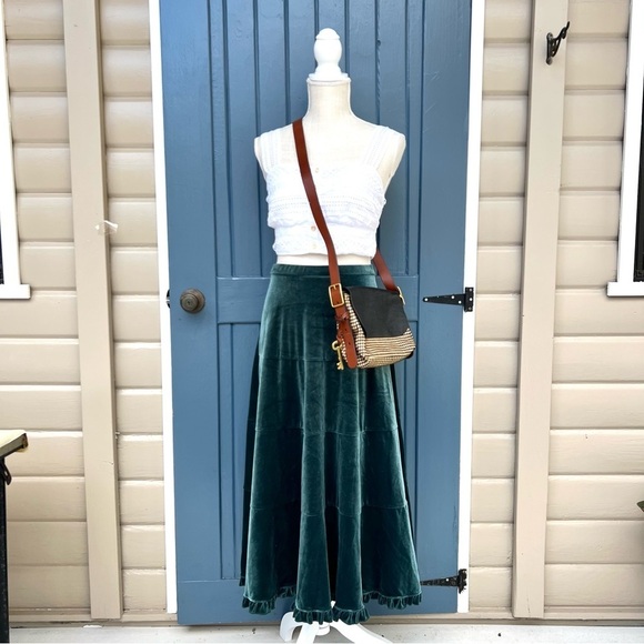 Newport News Teal Stretch Velvet Tiered Maxi Skirt with Ruffles Women Si… - Picture 3 of 6